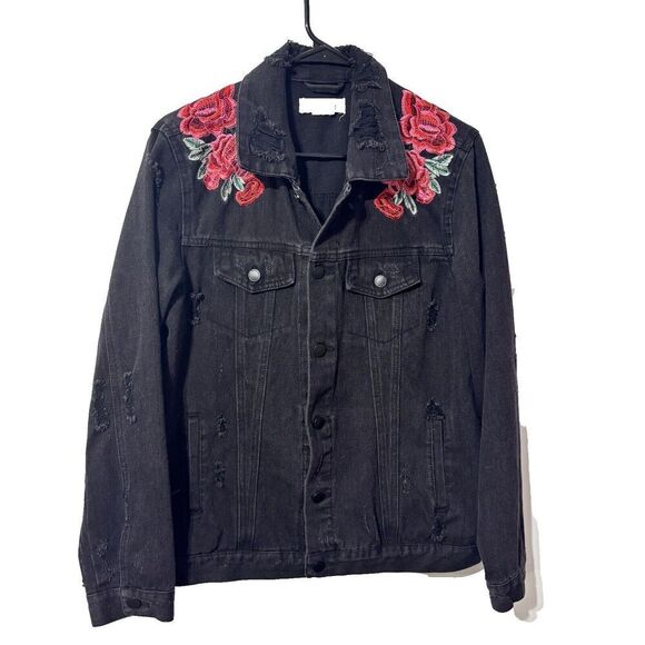 CI Sono Womens Denim Western Jacket Small Black Embroidered Floral Distressed - Picture 1 of 6